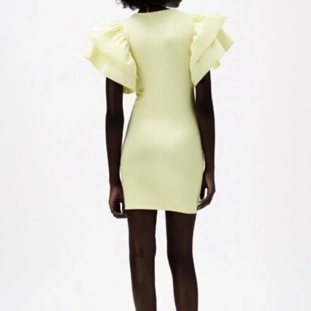 Zara Puff Voluminous Ruffle Poplin Sleeve Bodycon Mini Dress Pastel Yellow Small - Picture 8 of 8